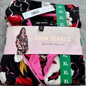 Room Service Women's 2-Piece Shawl Collar Pajama Set, Black Floral, Extra Large